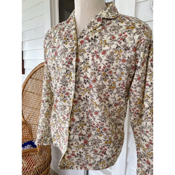 Vintage 1960s Womens Beige Floral Button Blouse Cotton blend Size Large - Picture 1 of 16